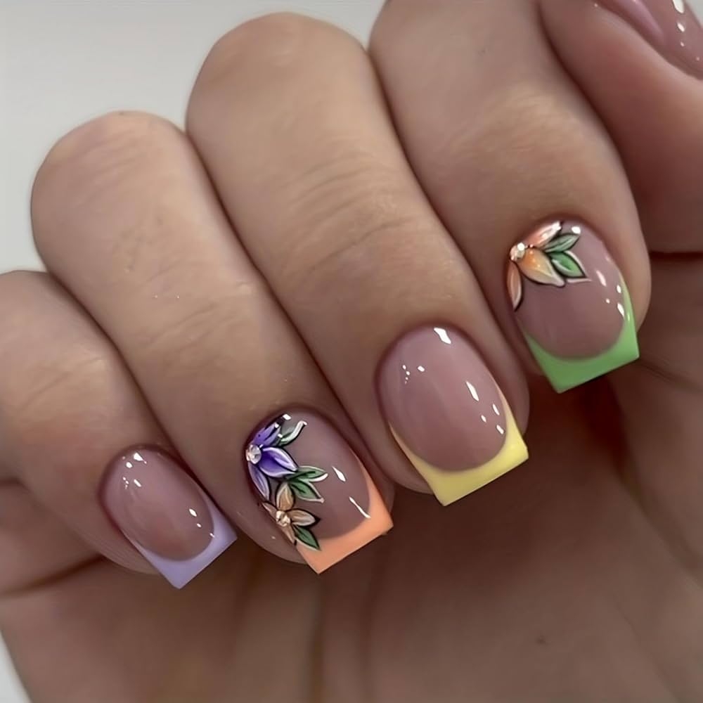 Amazon French Tip Press on Nails Short Square Fake Nails With Cute Flower Designs Acrylic Gloss Finish Spring Colors Set For Women s Manicure Beauty Personal Care