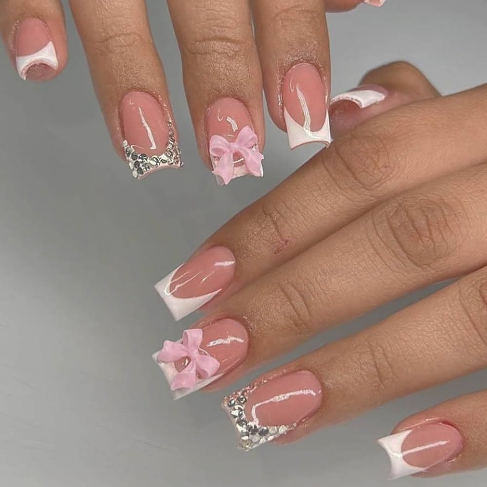 Amazon French Tip Press On Nails Short With 3D Charms Bow Flower Design Pink French Press Ons Cute Bow Stick On Short Square Shape Acrylic Rhinestones For Women Daily Wear 24Pcs 