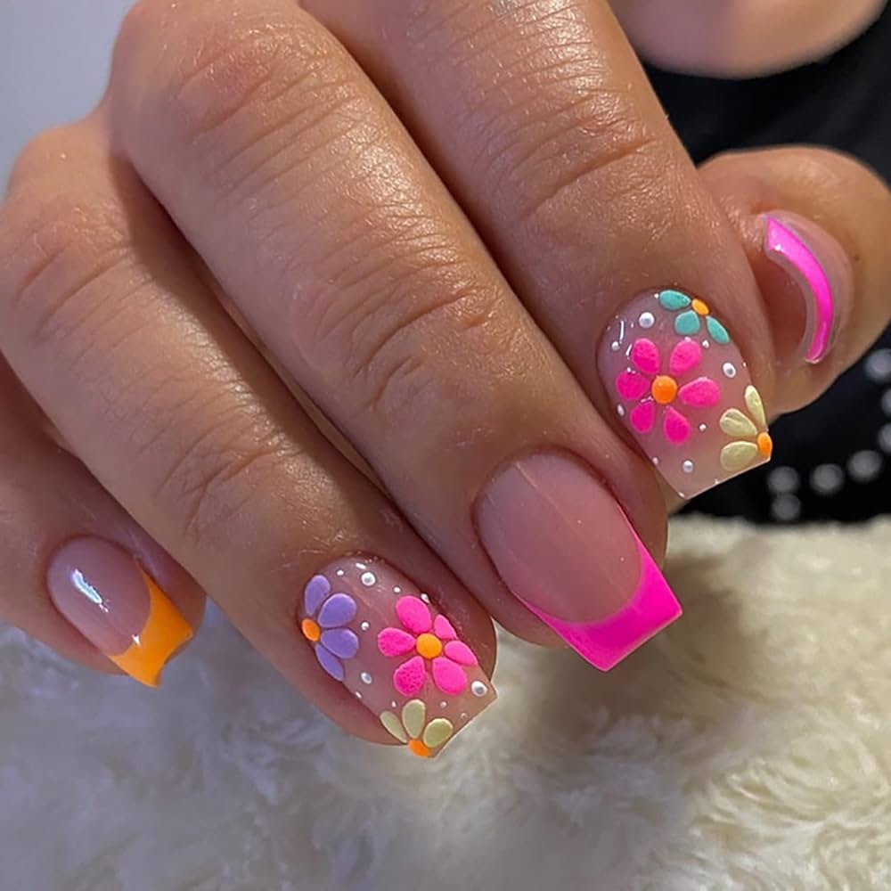 Amazon French Tip Press On Nails Square Short Fake Nails Pink False Nails With Colorful Designs Glossy Acrylic Nails Spring Summer Floral Glue On Nails For Women Nail Art Decorations Beauty