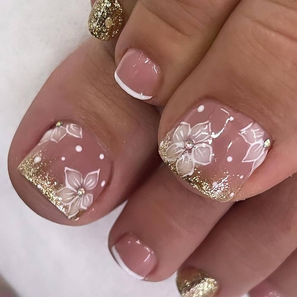 Amazon French Tip Press On Toe Nail For Women Fake Toenail With Flower Gold Glitter Rhinestones Designs Glossy Fashion False Toenail Full Cover Acrylic Nails Art DIY Foot Nail Design Toenail Tips