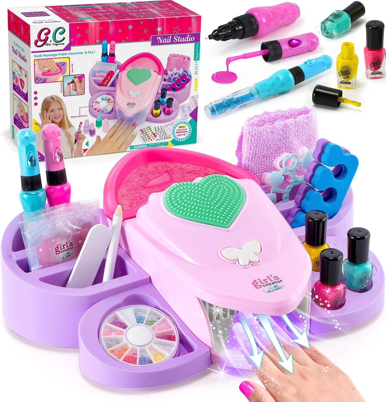 Amazon G C Kids Nail Polish Set For Girls Toy 6 12 Years Old Nail Art Kit Storage Desk With Nail Dryer Hand Massage Spa Kit Kid Manicure Salon Studio Stuff Christmas Birthday Gift Girl