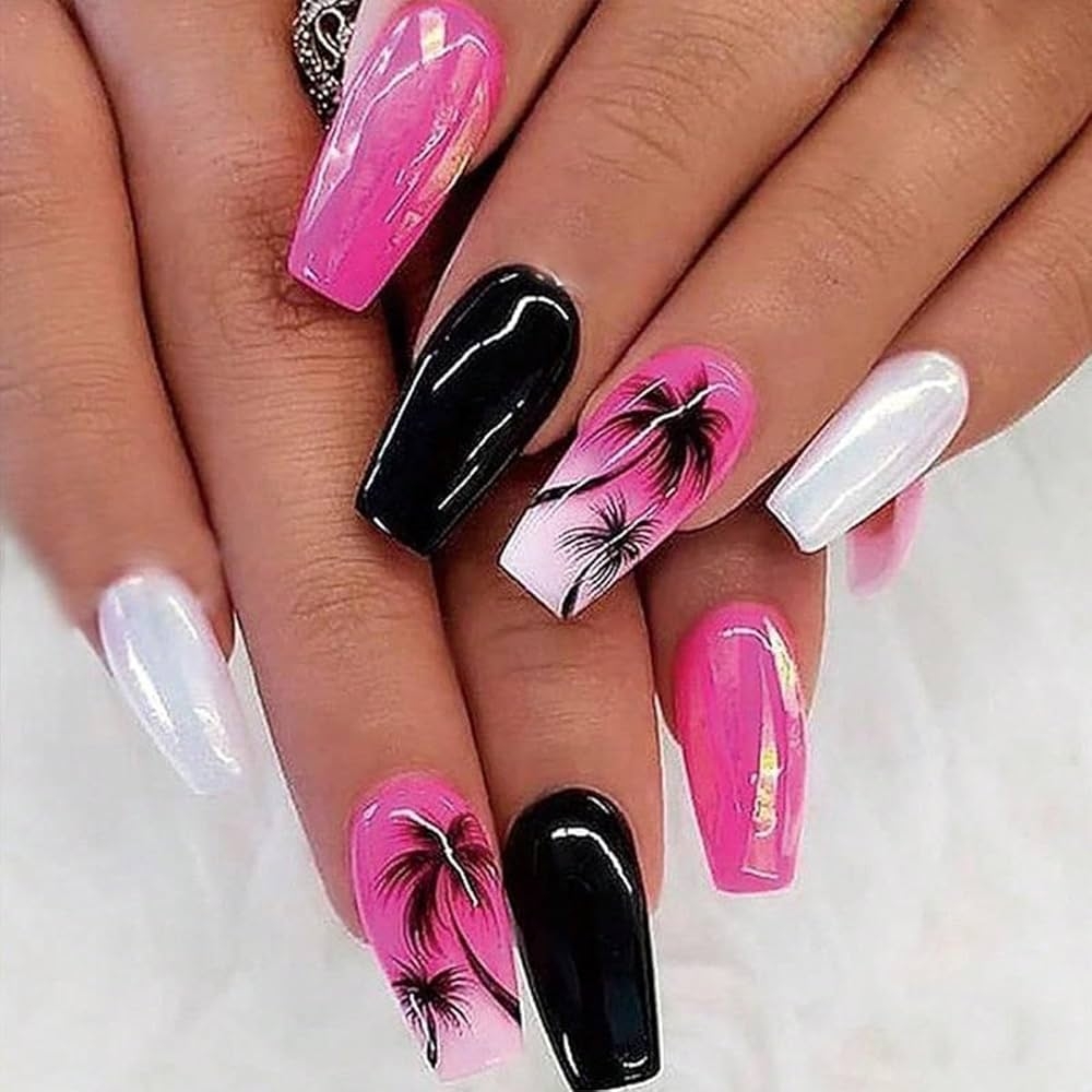 Amazon Generic Summer Press On Nails Long Coffin Hot Pink Fake Nails Coconut Tree Designs Acrylic False Nails Pink Black Mixed Summer Beach Long Glue On Nails Glossy Artificial Nails For Women