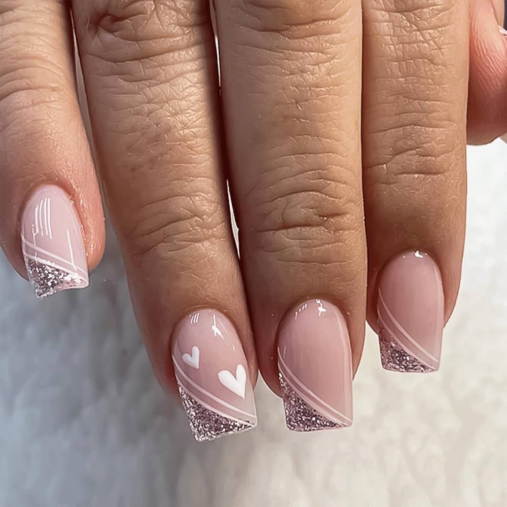 Amazon Glitter French Tip Nails Long Press On Nails Coffin Fake Nails With Heart Designs Glossy Nude Pink False Nails Acrylic Nails Cute Artificial Stick On Nails For Women DIY Manicure Decorations