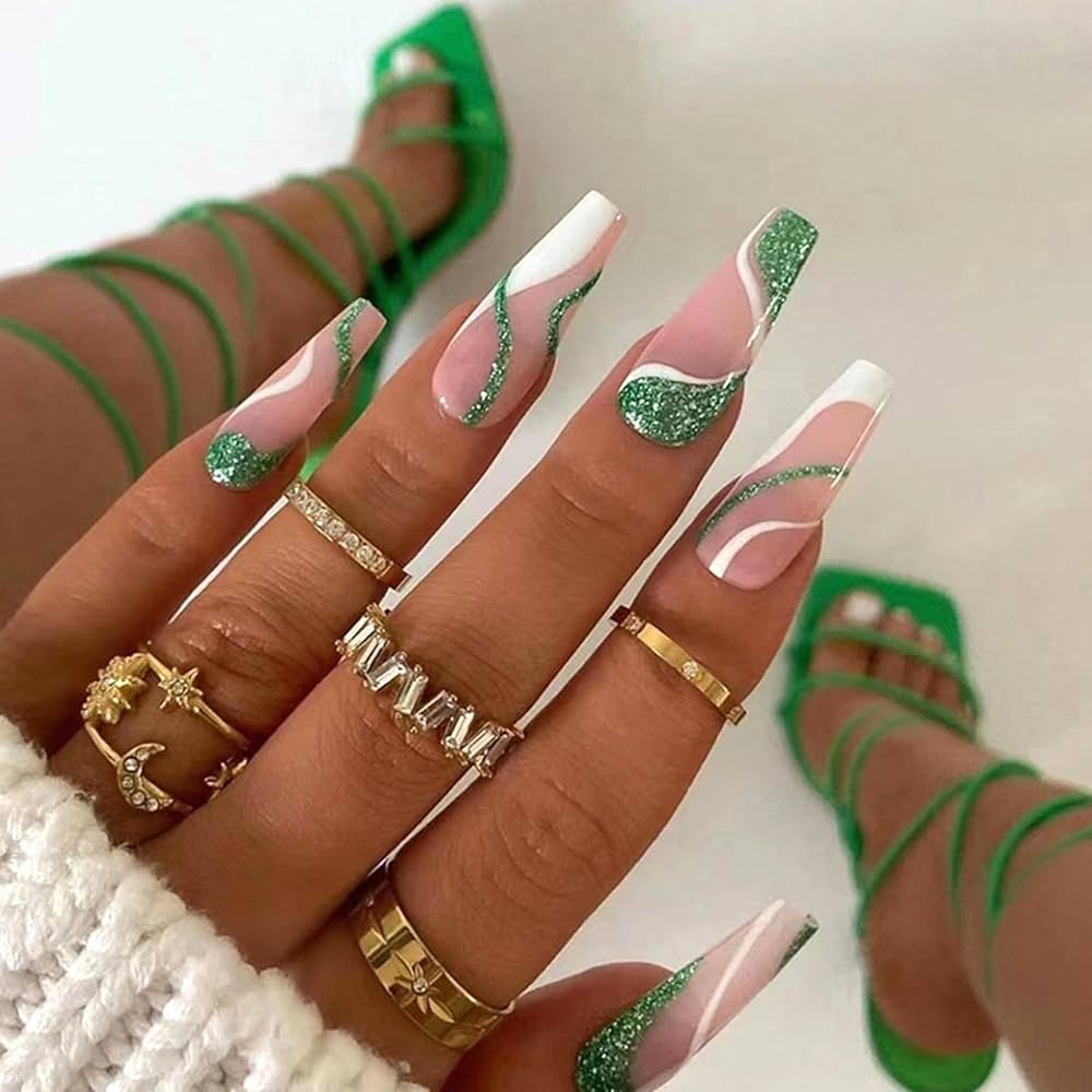Amazon Glitter Green Irregular Pattern Press On Nails Extra Long Ballerina Fake Nails White Lines Coffin Nails Glossy Full Cover Artificial False Nails Design Reusable Stick On Nails Glue On Nails For