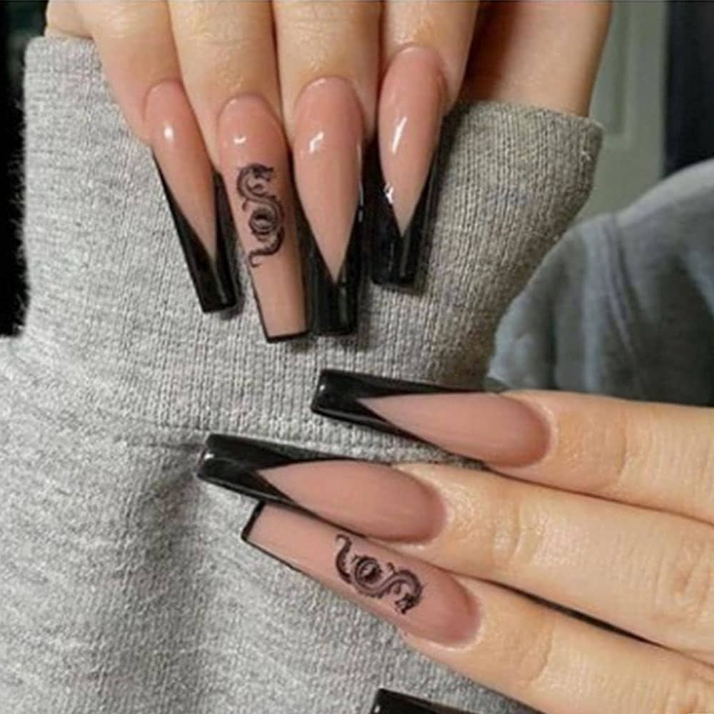 Amazon Glossy Coffin Extra Long Press On Nails With Designs Nude Black French Fake Nails Acrylic Nails Press On With Dragon Pattern 24PCS