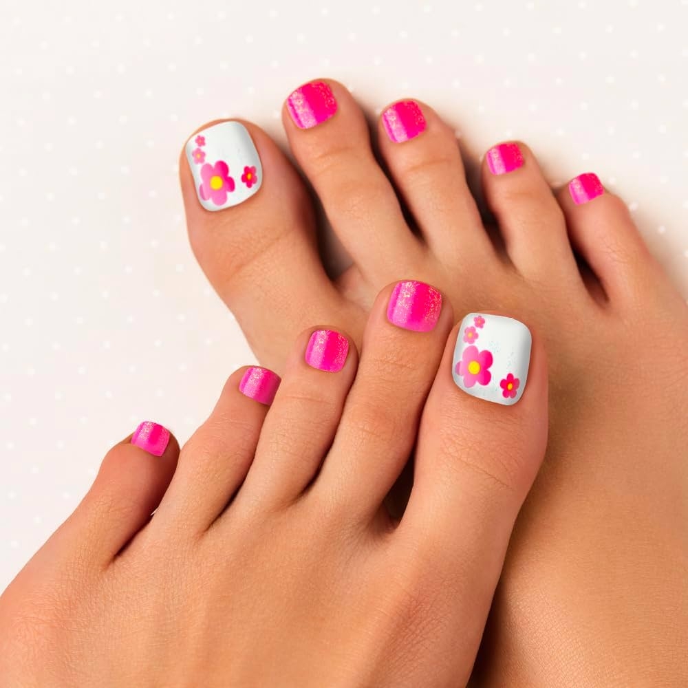 Amazon GoldFinger Trendy Press On Fake Toenail Kit Wider Fit Cute Flower Print High Pigment Pink Color Ready To Wear Gel Manicure Stick Mini Glue Included Long Lasting Convenient Easy