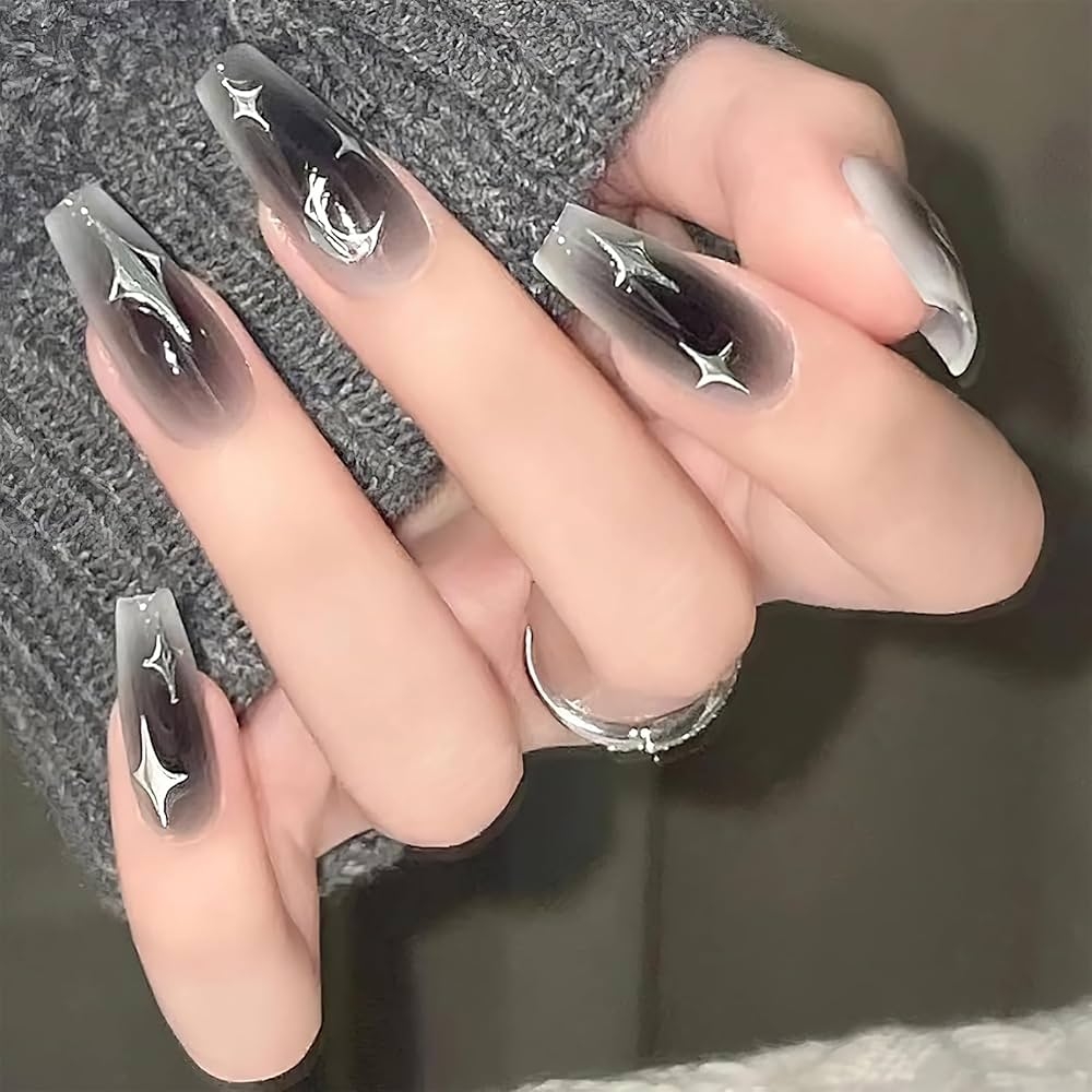 Amazon Grey Black Press On Nails Medium Length Silver Star Moon Design Glossy Artificial Acrylic Nails For Women Girls 24pcs Industrial Scientific