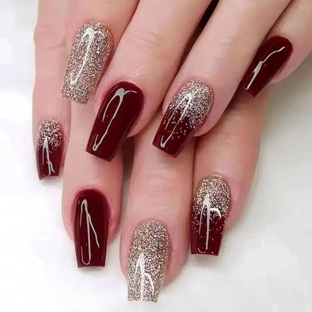 Amazon GXOIPNS Burgundy Coffin Press On Nails Medium Glue On Nails Golden Glitter Fake Nails With Full Cover Designs Glossy Simple Acrylic Nails Wedding Flash Stick On Nails For Women 24 Pcs 