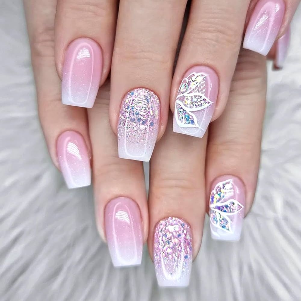 Amazon GXOIPNS Short Press On Nails Coffin False Nails With Silver Glitter Designs Gradient Fake Nails Light Pink Full Cover Acrylic Nails Glossy And Leaf Design Stick On Nails For Women 24