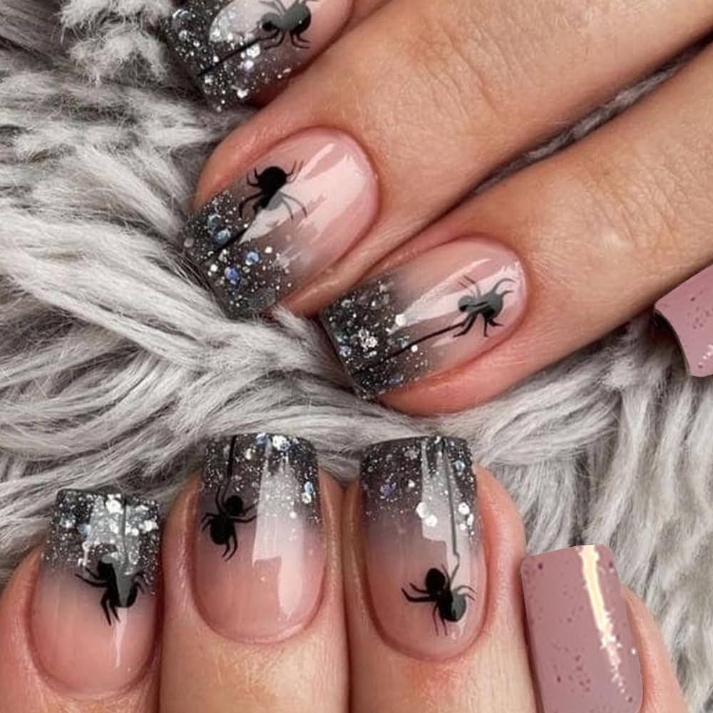 Amazon Halloween French Tip Press On Nails Black Glitter With Spider Designs Pink Medium Square Full Cover Acrylic Nails Glossy Artificial Stick On Nails Beauty Personal Care
