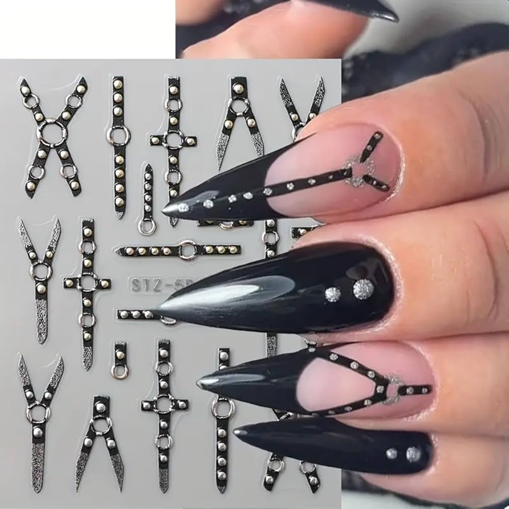 Amazon Halloween Nail Art Stickers 5D Embossed Gothic Punk Nail Decals 2PCS Skull Cross X Shape Halloween Nails Design Supply Dark Black Belt Nail Adhesive Sliders For Women Manicure Nail Art Decorations 