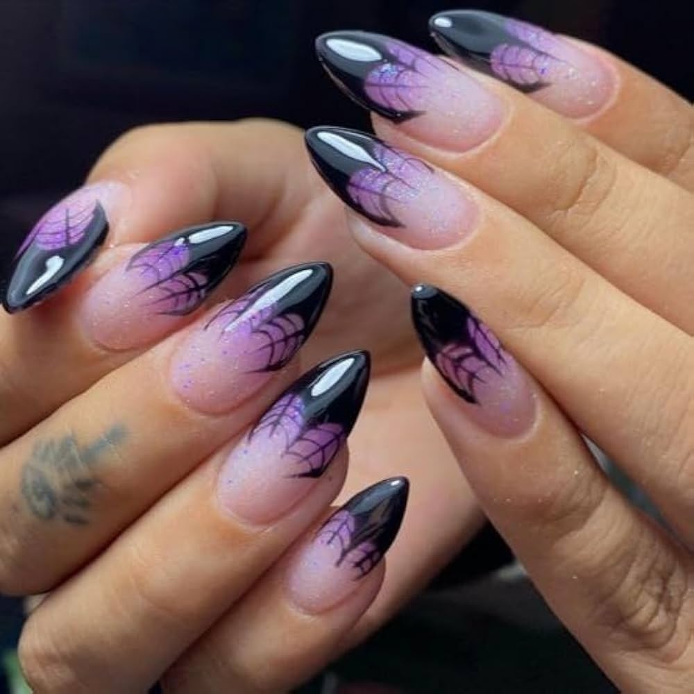 Amazon Halloween Press On Nails Almond Medium Fake Nails Purple Black French Gradient False Nails With Designs Spider Web Patterns Glue On Nails Full Cover Glossy Acrylic Stick On Nail For Women