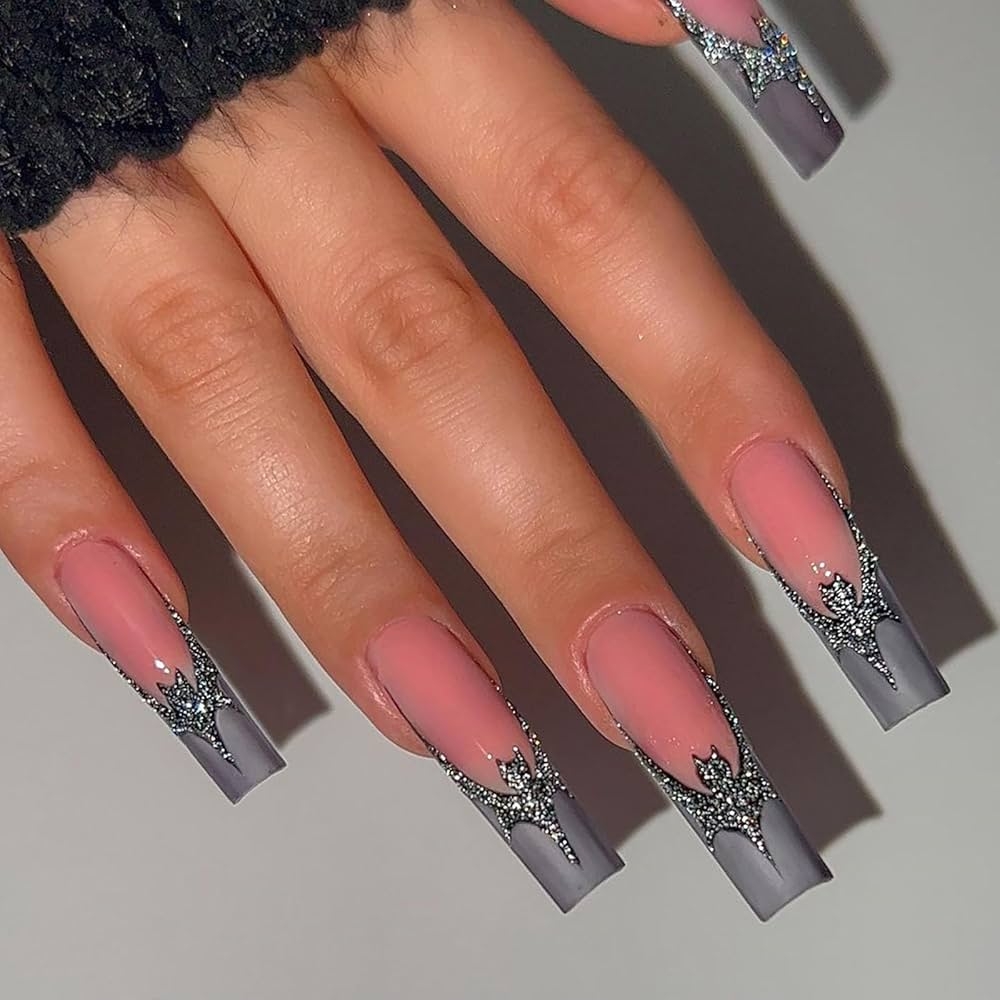 Amazon Halloween Press On Nails Long Square Gray French Tip Fake Nails Full Cover Glitter Sliver Bats False Nails With Designs Matte Glue On Nails Acrylic Nails Artificial Nails For Women Girls