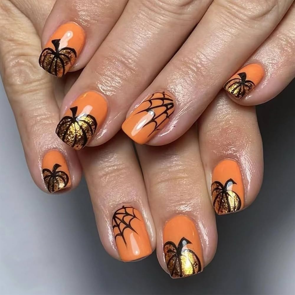 Amazon Halloween Press On Nails Medium Glossy Gold Pumpkin Fake Nails With Spider Web Designs Orange Acrylic Nails Glue On Nails Full Cover Pumpkin False Nails For Women Girls Holiday Nail Art