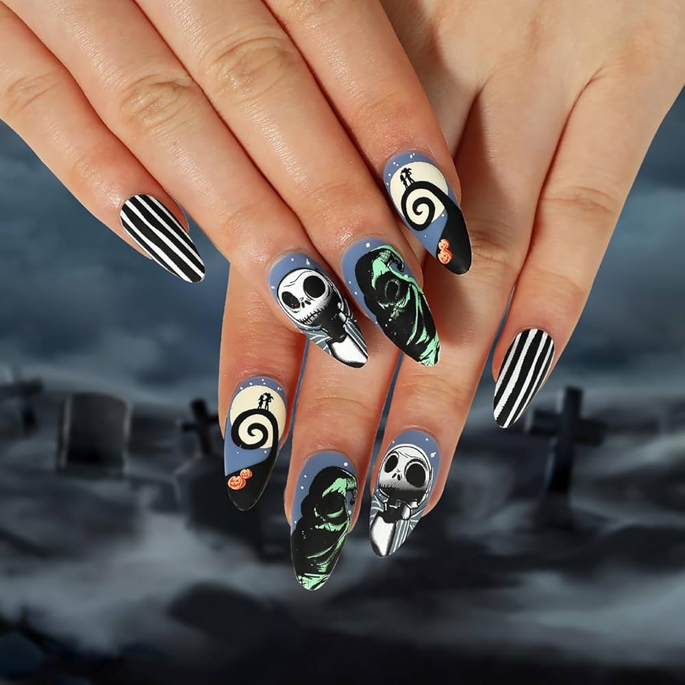 Amazon Halloween Press On Nails Medium Nightmare Before Christmas Nails Oval Fake Nails Acrylic Nails Full Cover False Nails With Ghost Designs Halloween Glue On Nails Stick On Nails For Women 