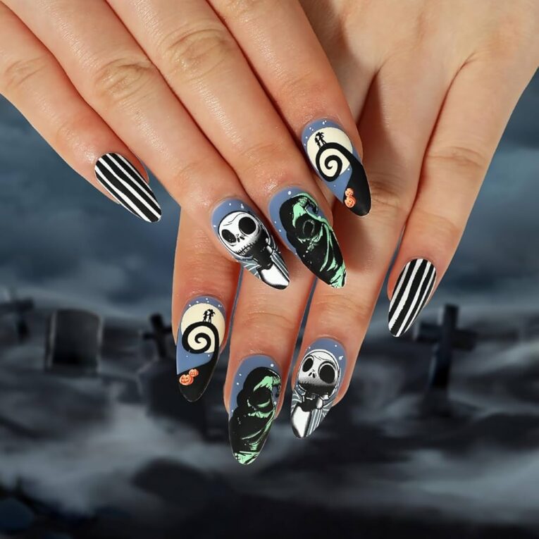 Amazon Halloween Press On Nails Medium Nightmare Before Christmas Nails Oval Fake Nails Acrylic Nails Full Cover False Nails With Ghost Designs Halloween Glue On Nails Stick On Nails For Women