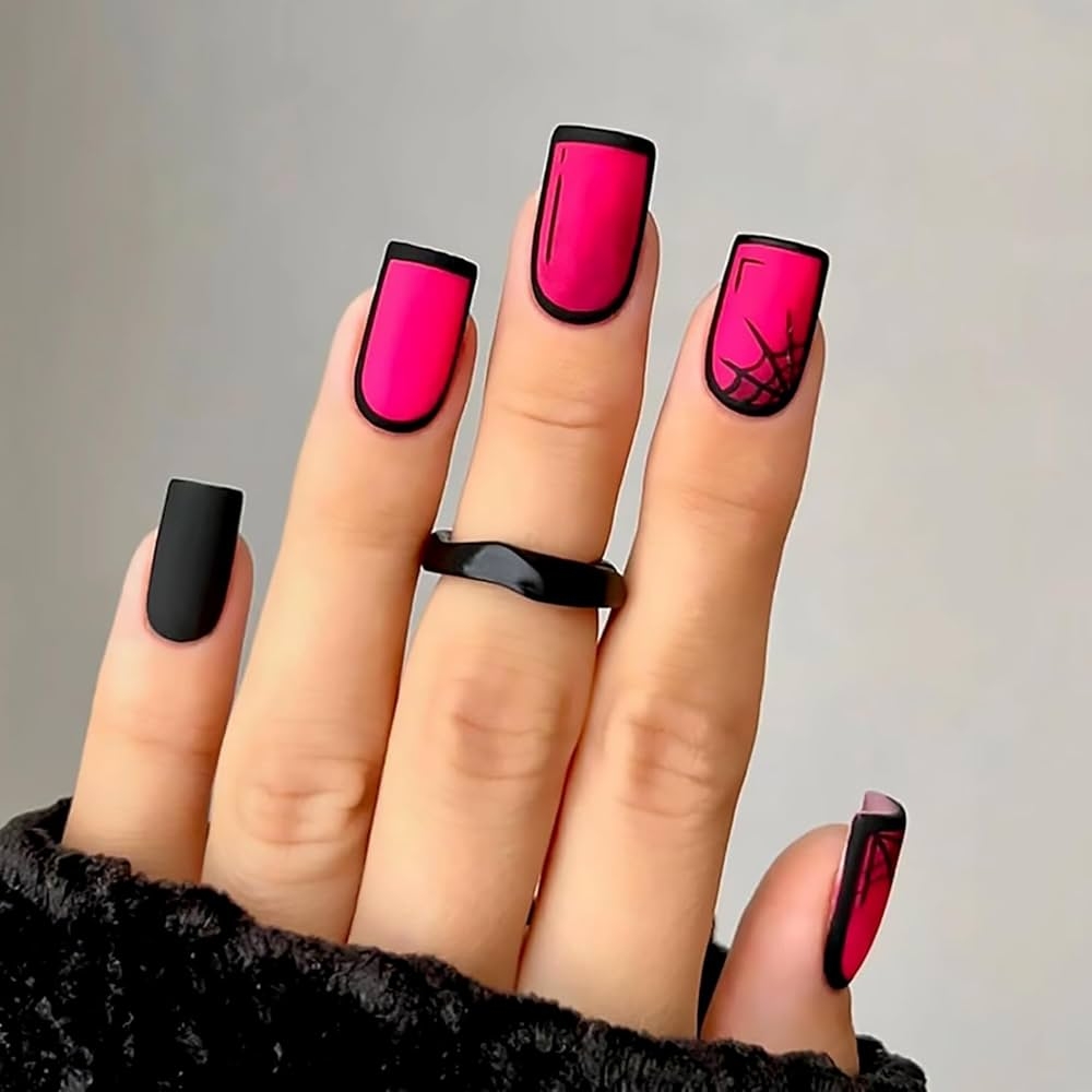 Amazon Halloween Press On Nails Medium Square Matte Fake Nails Pink False Nails With Black Spider Web Designs Full Cover Stick On Nails Acrylic Coffin Artificial Nails Glue On Nails For Women