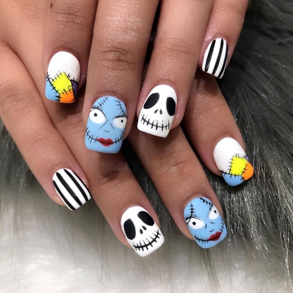 Amazon Halloween Press On Nails Short Square Fake Nails Skull False Nails Designs Blue White Glossy Acrylic Nail Tips Stripe Full Cover Glue On Nails DIY Halloween Nails For Woman Nail Art