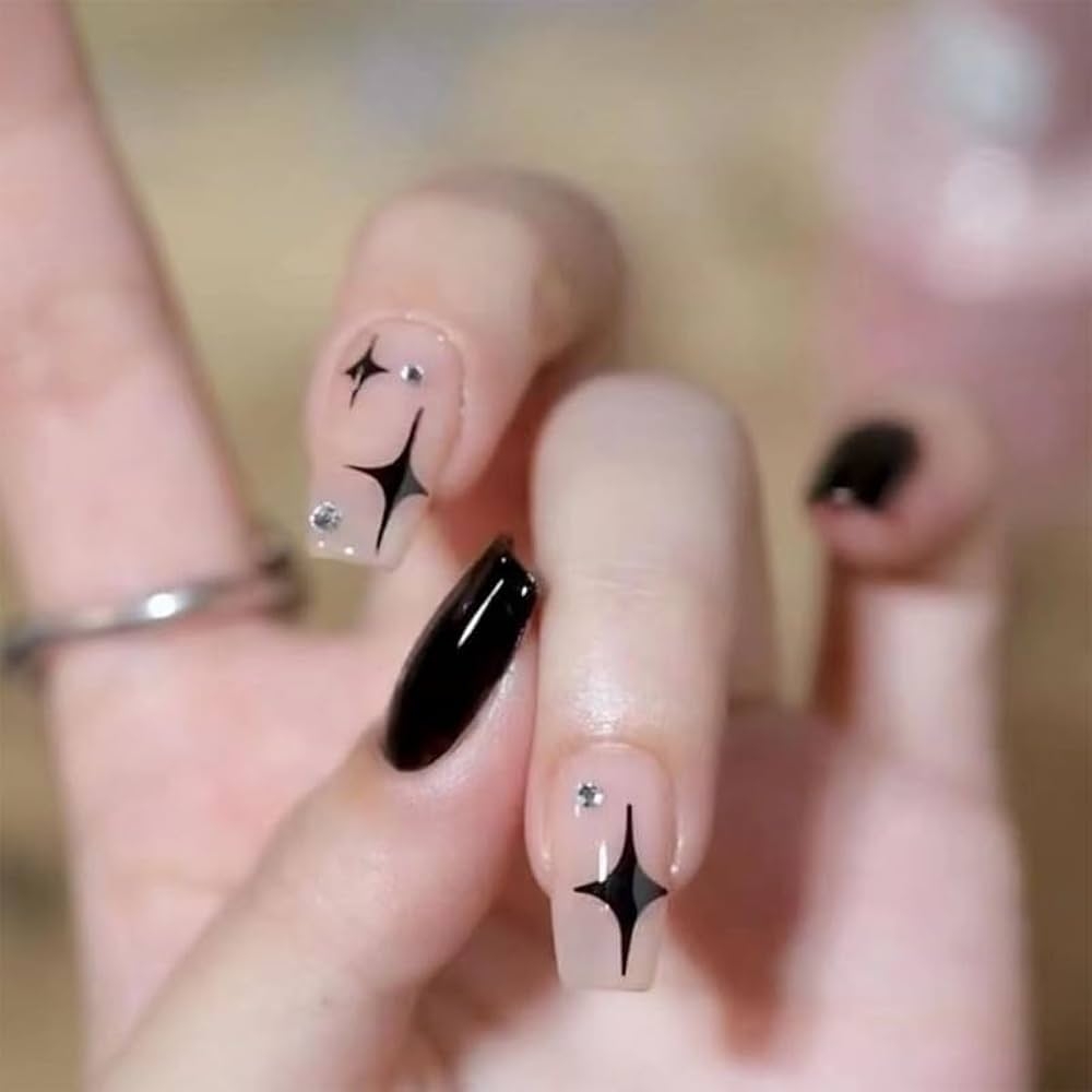 Amazon Handmade Medium Coffin Press On Nails Black Simple False Nails With Star Reusable Manicure Nail Art For Christmas Valentine s Day Wedding Daily Beauty Personal Care