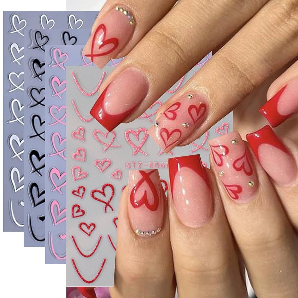 Amazon Heart Nail Stickers Wavy Line Nail Design 3D Self Adhesive Love Hollow Peach Heart Shaped French Sticker For Women Valentine Gift Nail Decoration Beauty Personal Care