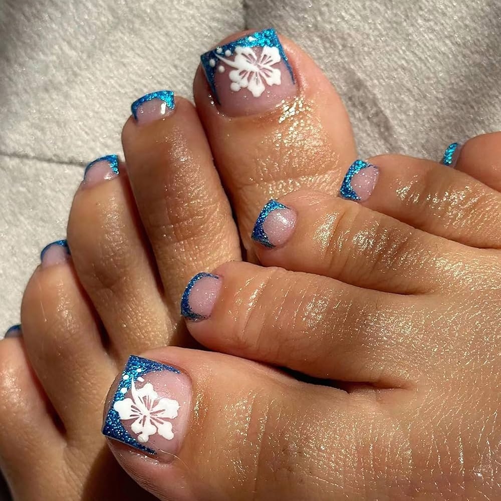 Amazon Hibiscus Flower Toe Nails 24pcs Press On Toenails Short Blue Glitter French Tip Fake Toenails Glossy Light Pink Full Cover Acrylic Toe Nails Summer Artificial False Toenails For Women 