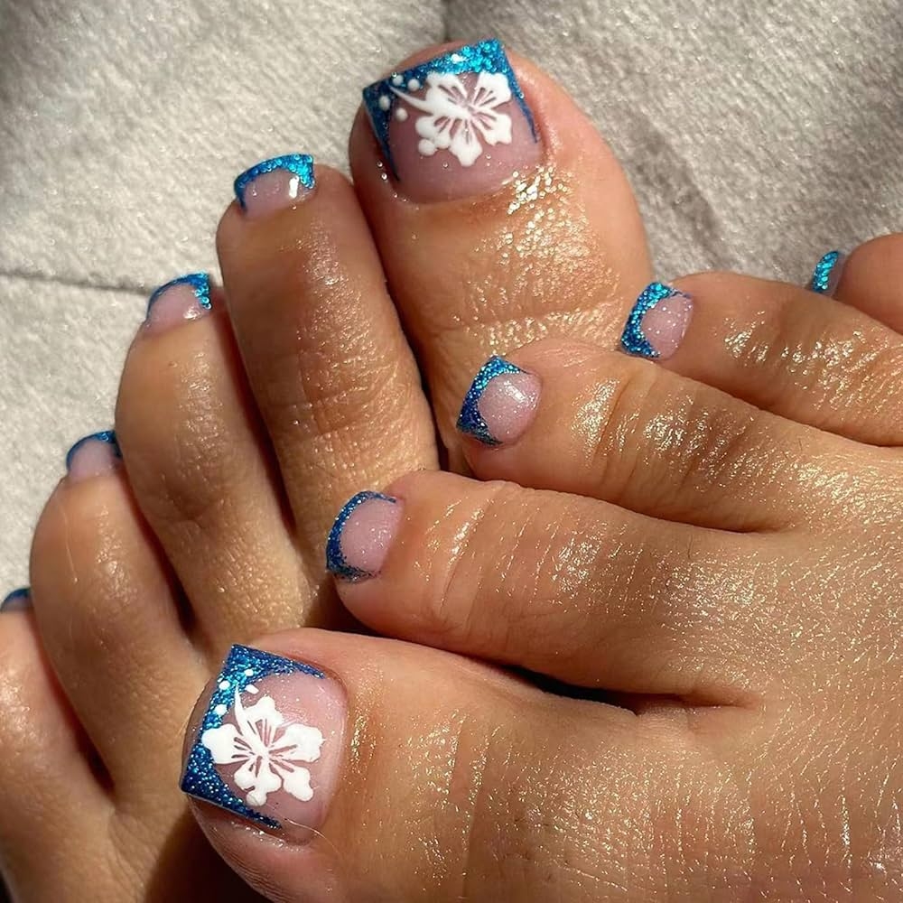 Amazon Hibiscus Flowers Press On Toes Nails French Tip Fake Toenails Full Cover Nude Floral Designs False Nails Glossy Blue Glitters Toenail Tips Acrylic Toe Nails Summer Glue On Toenails For Women