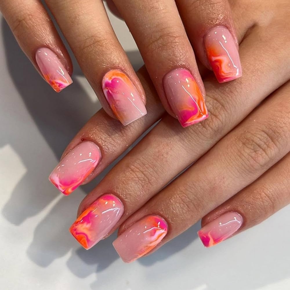 Amazon Hot Pink Press On Nails Medium Square Fake Nails Marble False Nails With Design Orange Gradient Stick On Nails Ombre Glue On Nail Reusable Acrylic Nail Press Ons For Women Girls