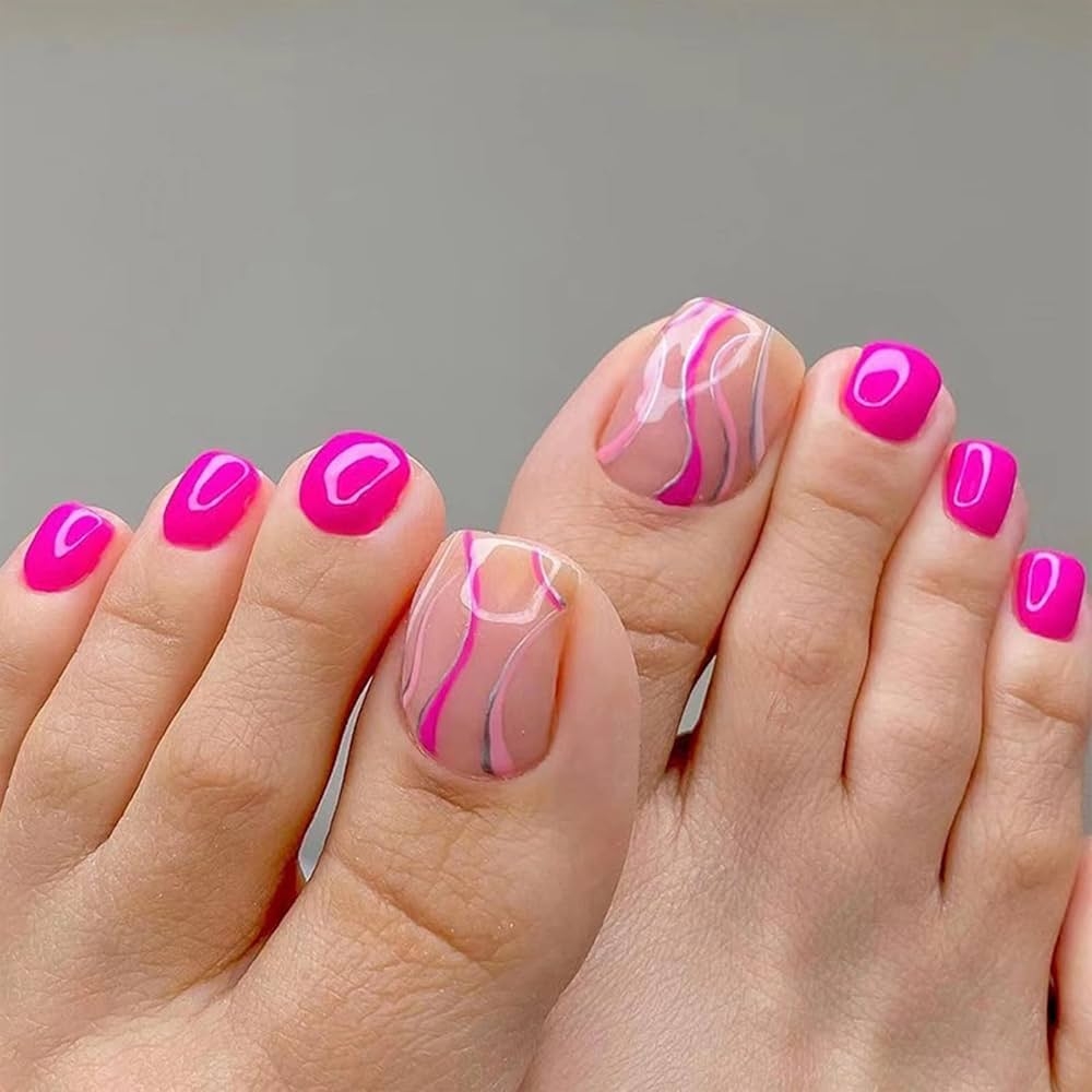 Amazon Hot Pink Press On Toenails With Glossy Colorful Designs Toe Nail Press Ons Silver Glitter Fake Toenails And Black False Toe Static Nails For Women Nude Pink French Press On Toenails 