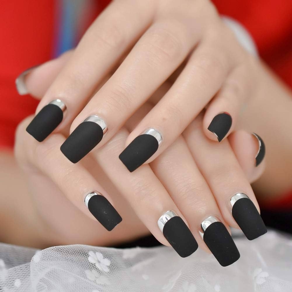 Amazon IMABC Matte Black Silver Metallic French Press On Nails Medium Length Square False Women Girls Nail Art Reusable Fingernails Datechable Acrylic Manicure For Daily Dating Office Home Party 24pcs Beauty
