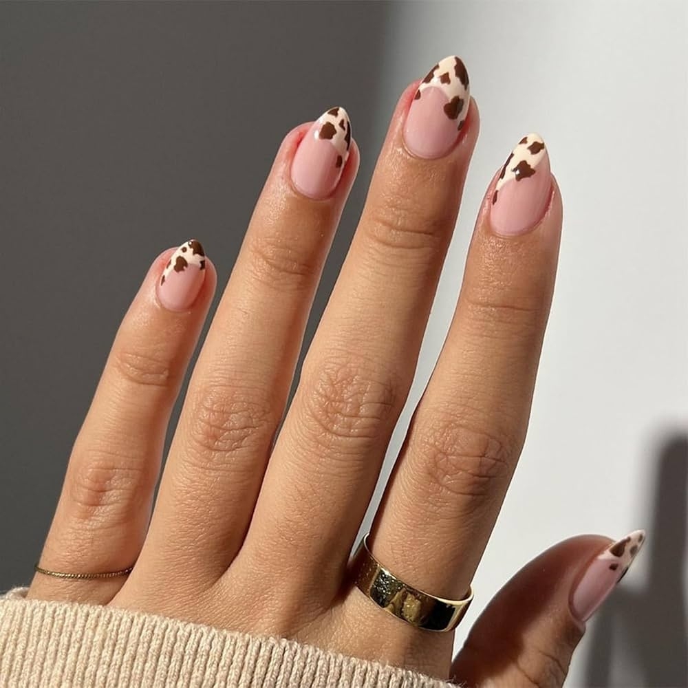 Amazon IMRAIN Press On Nails Short Oval Fake Nails Brown Cow Pattern French Tips False Nails With Designs Full Cover Nude Round Glossy Cute Artificial Stick On Nails For Women Girls 24Pcs 