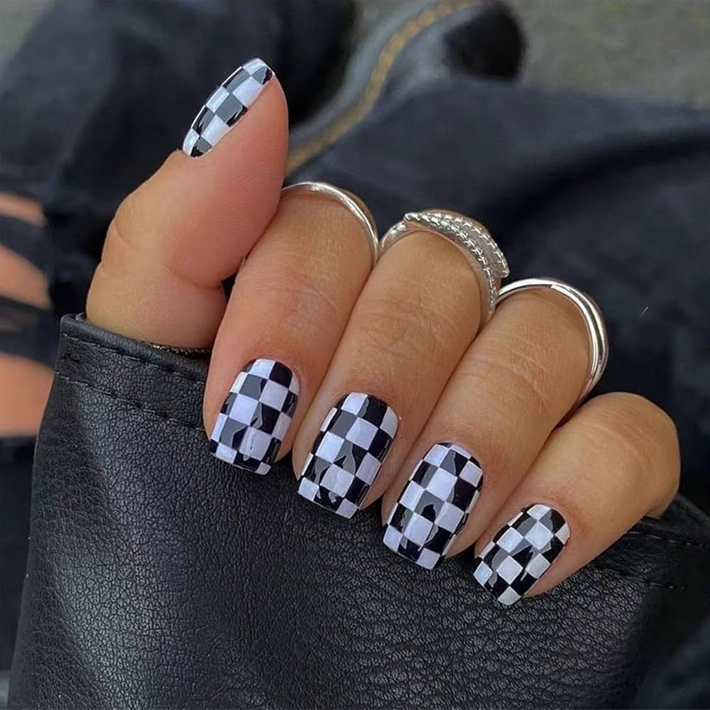 Amazon IMRAIN Press On Nails Short Square Fake Nails Black White Checkered Pattern Designs Glossy Full Cover Artificial False Nails Gel Stick On Acrylic Nails For Women 24PCS Beauty Personal