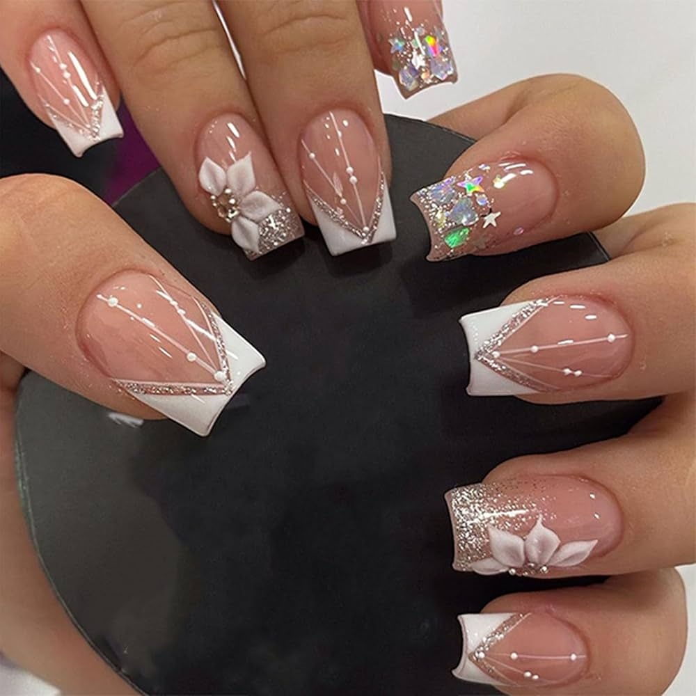 Amazon IMRAIN Press on Nails White French Tips Glossy False Nails Bling Glitter Full Cover Flower Design Gel Glue On Acrylic Nails For Women Girls Beauty Personal Care