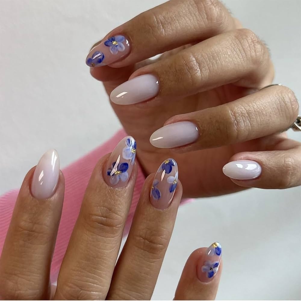 Amazon IMSOHOT Press On Nails Oval Short Fake Nails White Blue Flower Round Acrylic False Nails With Designs Full Cover Cute Artificial Nails For Women 24Pcs Industrial Scientific