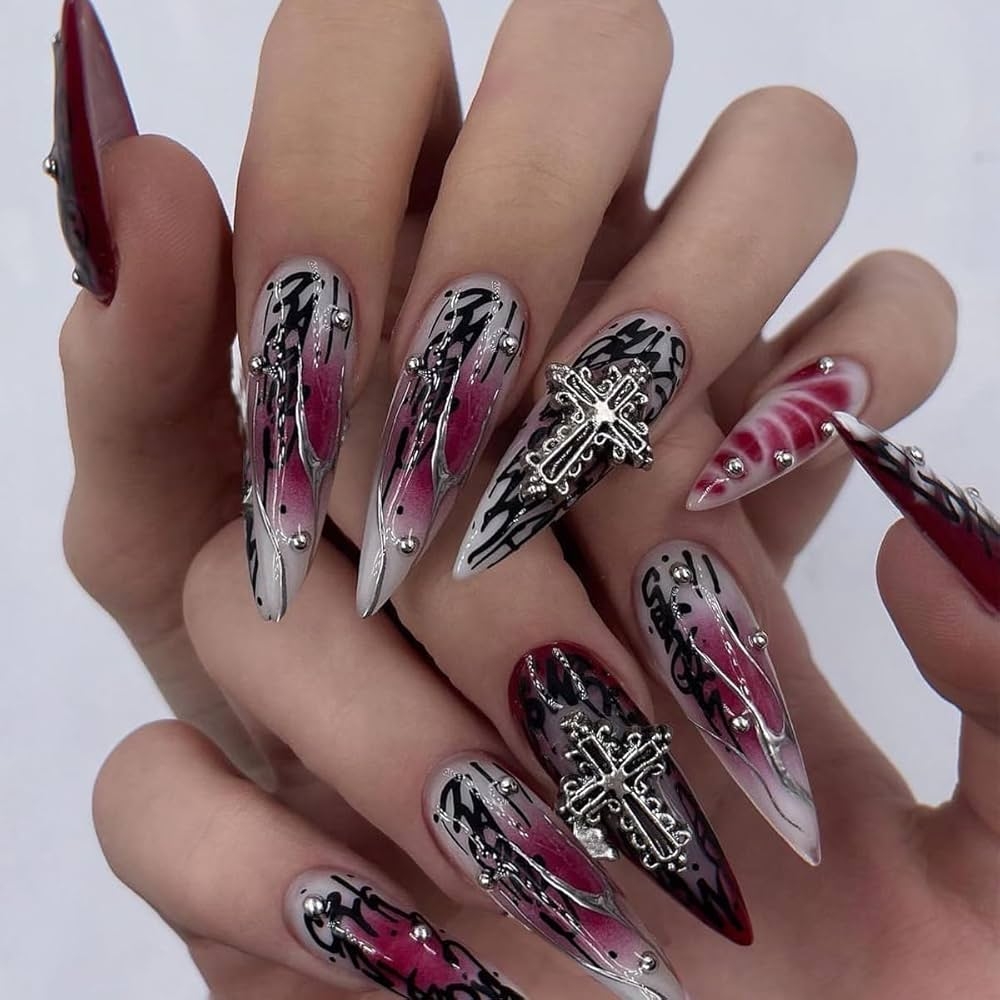 Amazon IMSOHOT Stiletto Press On Nails Long Gothic Fake Nails Black Red Ombre Glossy False Nails With Metal Cross Charms Designs Full Cover Glue On Nails 24PCS Beauty Personal Care