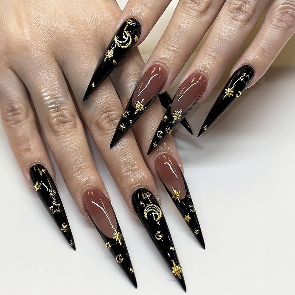 Amazon KKUUOO Stiletto Press On Nails Halloween Fake Nails Black Witch Nails With Stars Moon Designs Full Cover Glossy Acrylic Nails Gothic Nails Stick On Nails Jelly Press On Nails For
