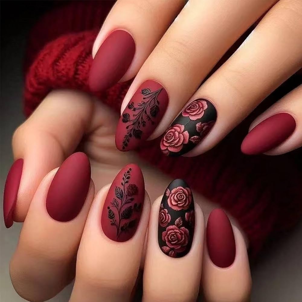 Amazon LBPEPAMZ Red Press On Nails Short Medium Almond Fake Nails With Black Rose Designs Pink Embossed Romantic Flower False Nails Valentine s Day Full Cover Matte Acrylic Stick On Nails For Women Amazon LBPEPAMZ Red Press On Nails Short Medium Almond Fake Nails With Black Rose Designs Pink Embossed Romantic Flower False Nails Valentine s Day Full Cover Matte Acrylic Stick On Nails For Women