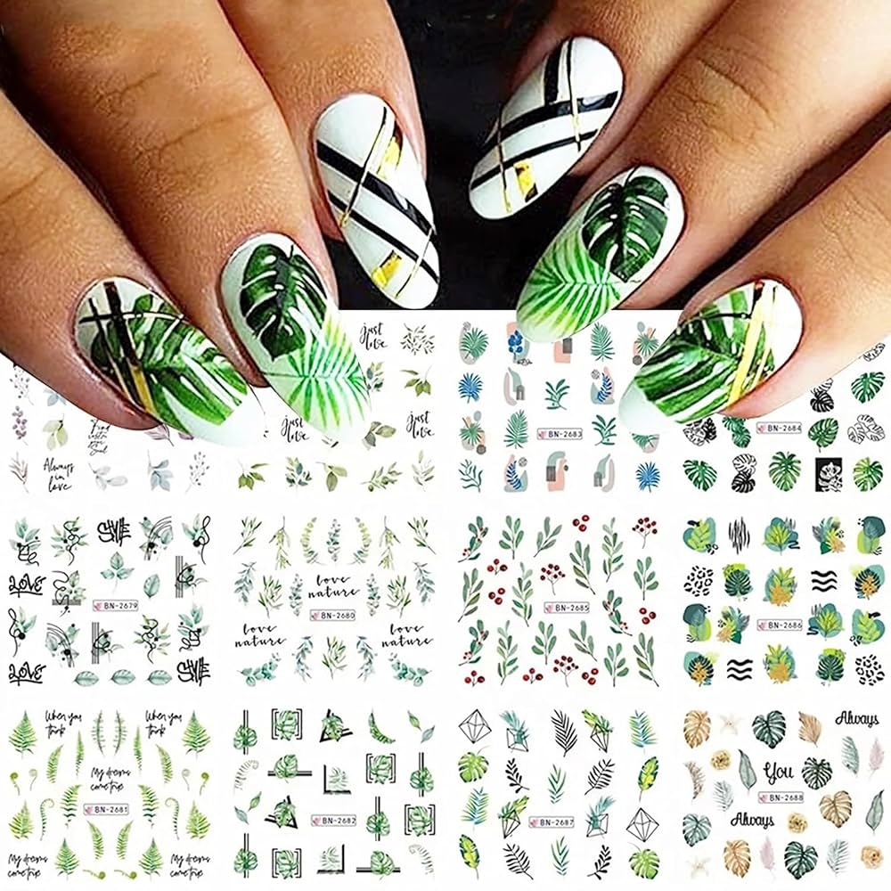 Amazon Leaf Nail Art Stickers Decals 12 Sheets Cool Tropical Leaf Water Nail Decals Green Plant Leaves Nail Stickers Coconut Tree Leaves Fresh Design Nail Art Supplies For Summer Acrylic Nails Decorations 