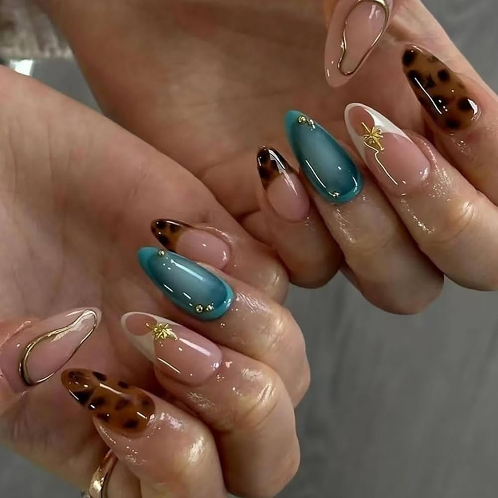 Amazon Leopard Press On Nails Medium Almond Fake Nails French Tips Glue On Nails Blue False Nails 5D Embossed Gold Line Stick On Nail Glossy Reusable Cheetah Acrylic Nail For Women Girls