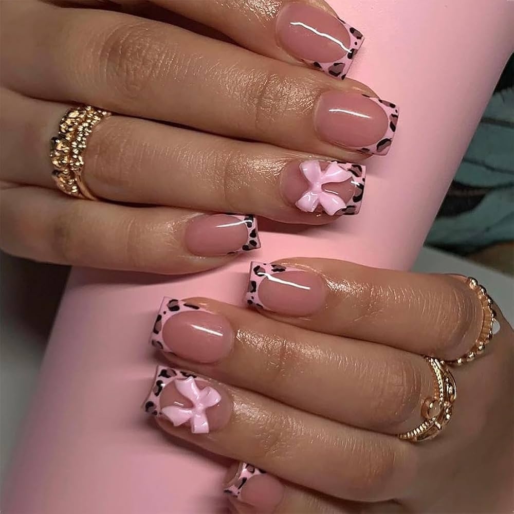 Amazon Leopard Print French Tip Press On Nails Square Short Fake Nails With Pink Bow Rhinestones Design Pink Full Cover False Nails S Ballerina Stick On Nails Acrylic Artificial Nails For Women