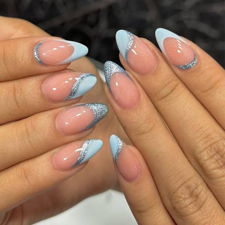 Amazon Light Blue French Tip Press On Nails Medium Almond QUNQINLI Fake Nails Nude Pink False Nails Press Ons With Glitter Curve Design Full Cover Nail Tips Acrylic Nail Art Kit