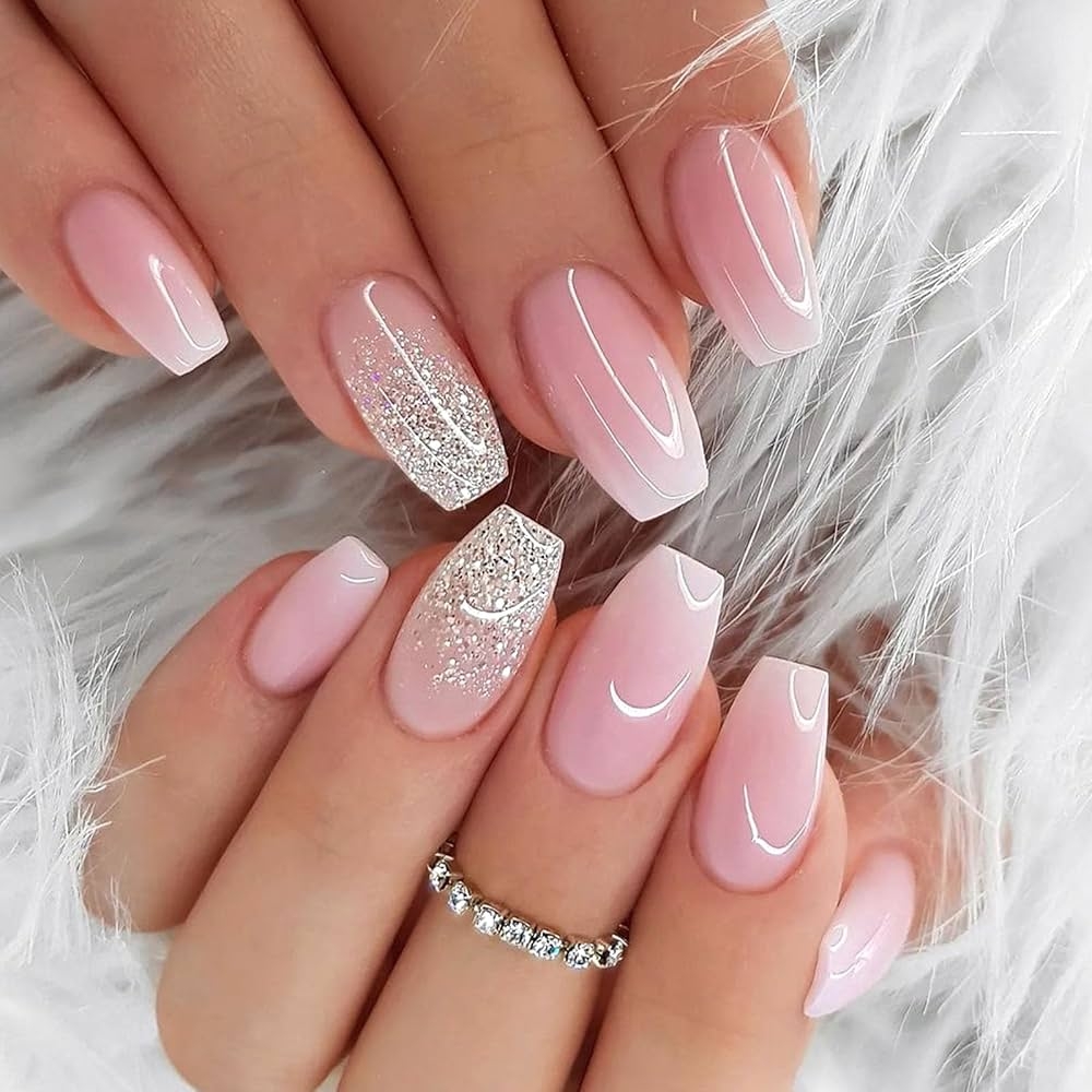 Amazon Light Pink Press On Nails Short Coffin Fake Nails Shimmer Bling False Nails With Silver Glitter Designs Gradient Glue On Nails Full Cover Acrylic Nails For Women 24 Pcs Beauty
