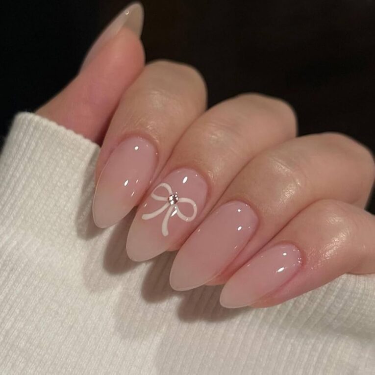 Amazon Light Pink Press On Nails Short Glossy Solid Color Fake Nails Full Cover False Nails Design With Bow Tie Short Nude Sweet Stick On Nails For Women Girls Nail Art Decorations 24Pcs
