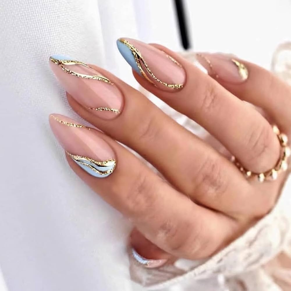 Amazon Line Stripes Press On Nails Medium Fashion Simple Geometry Lines Glitter Design Almond Shape With Blue Ripple Glitters Acrylic Fake Nails For Women Glue On Nails 24 Pcs Beauty 