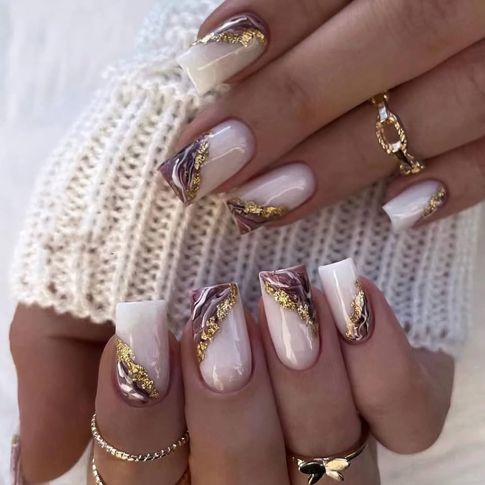 Amazon LLAOIMB Medium Length Square Shape Press On Nails 24pcs Full Cover False Nails With Glitter Design Gold Edge Brown 12 Sizes Glossy Finish Beauty Personal Care