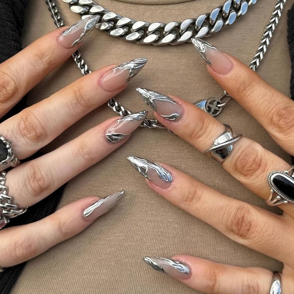 Amazon Long Press Chrome Stiletto False Nails Silver With French Tip Design Thick Acrylic Glue On Long Nails Press Ons 3D Artificial Art Glossy Stick On Nails For Women Beauty 