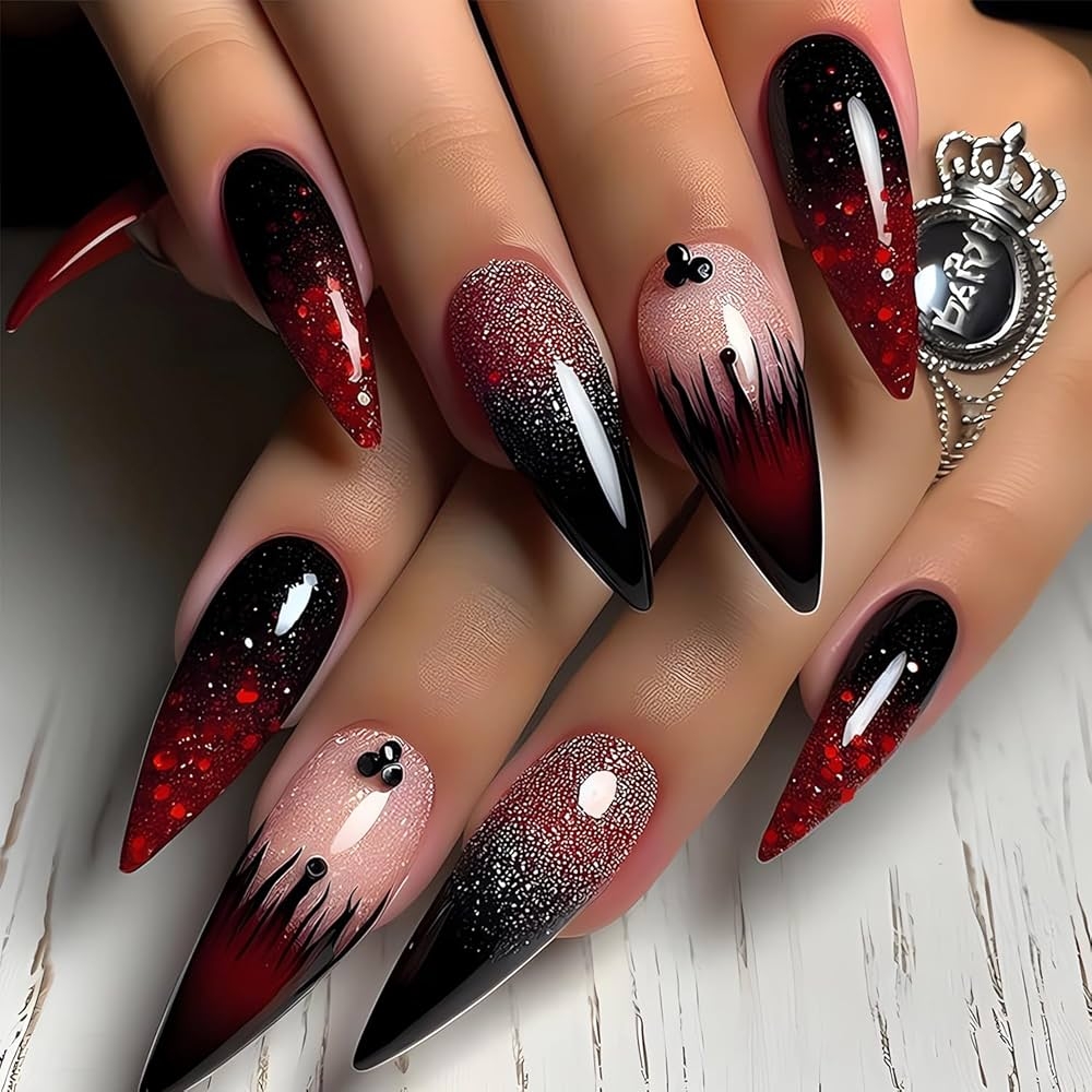 Amazon Long Stiletto Press On Nails Black Red Gradient Color Design Fake Nails With Diamond Glitter Glossy Full Cover Glue On Nails French Acrylic False Nail Tips Cute Stick On Nails For