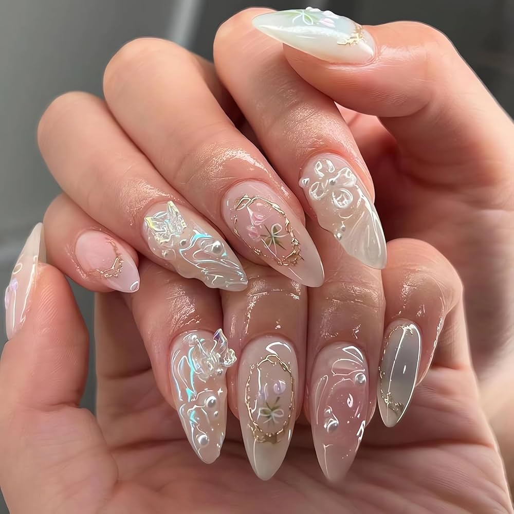 Amazon LPOODDNU 3D Handmade Press On Nails With Charms Medium Almond Fake Nails Cute French Nails Press Ons Butterfly Flower Bow Stick On Nails Almond Shape Acrylic Nails Pearl Nails For Women