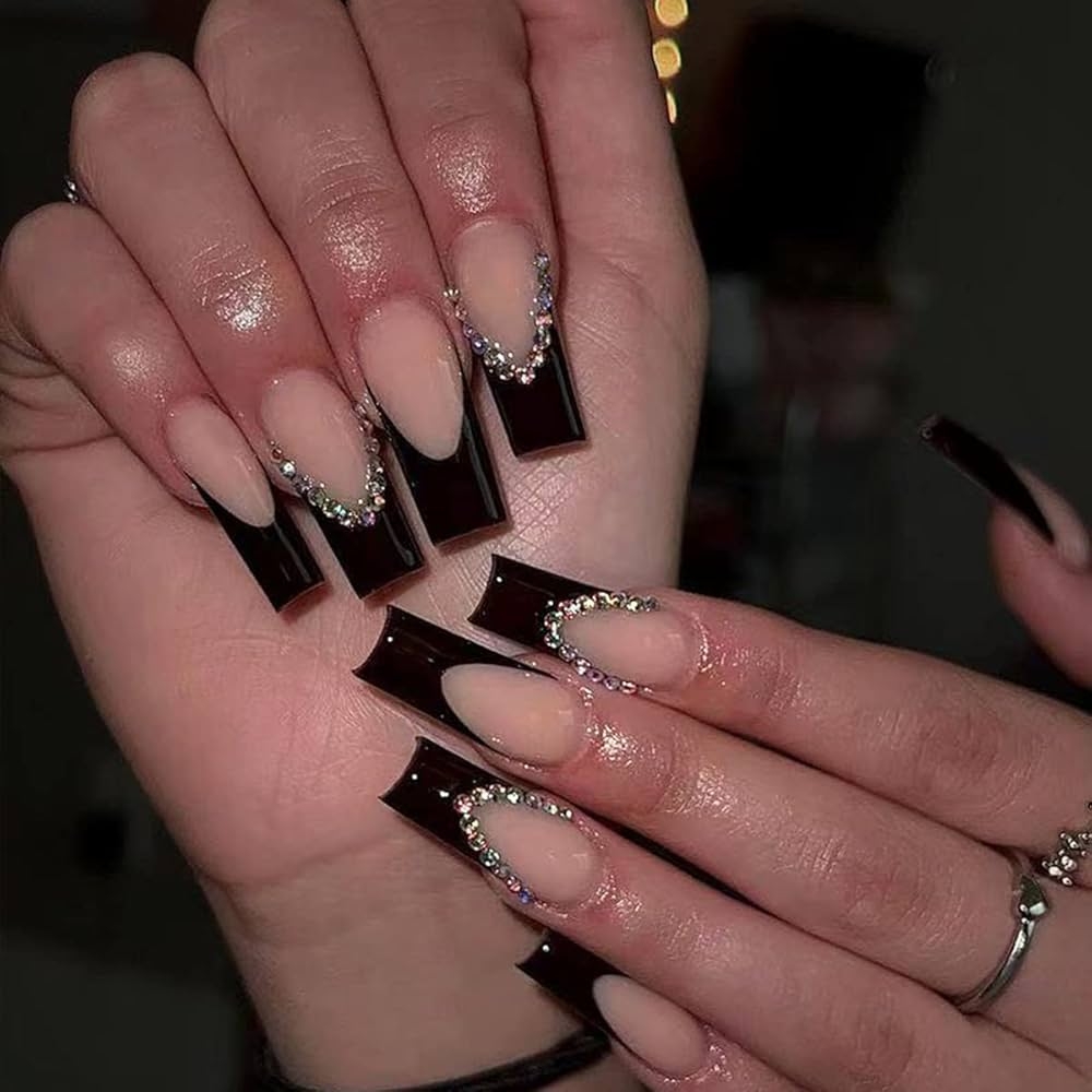 Amazon LPOODDNU Black French Tip Square False Nails 24 Pcs Reusable Nails With 3D Rhinestone Design Glossy Glue On Nails For Women Girls Industrial Scientific