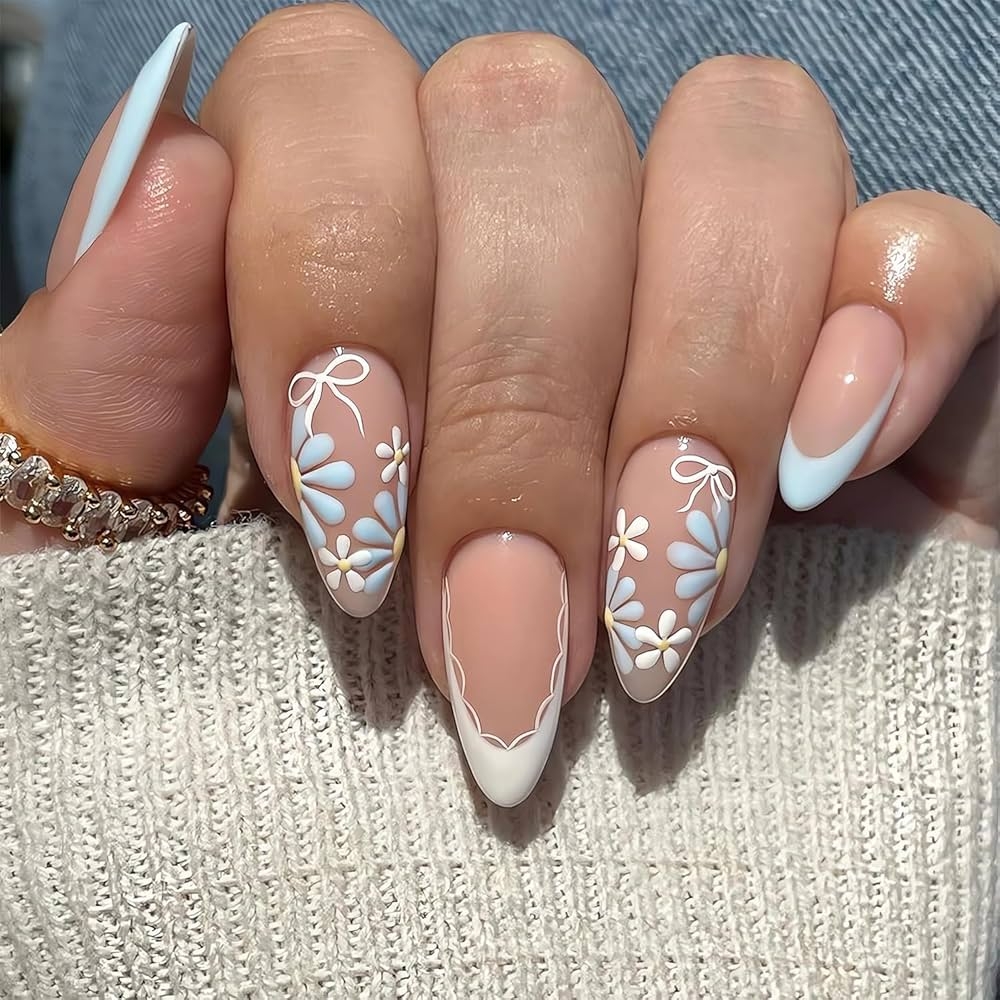 Amazon LPOODDNU Flower Fake Nails Almond Daisy Press On Nails White Blue French Tip Press On Nails Full Cover Glossy False Nails With Designs Spring Summer Acrylic Nails For Women DIY Manicure
