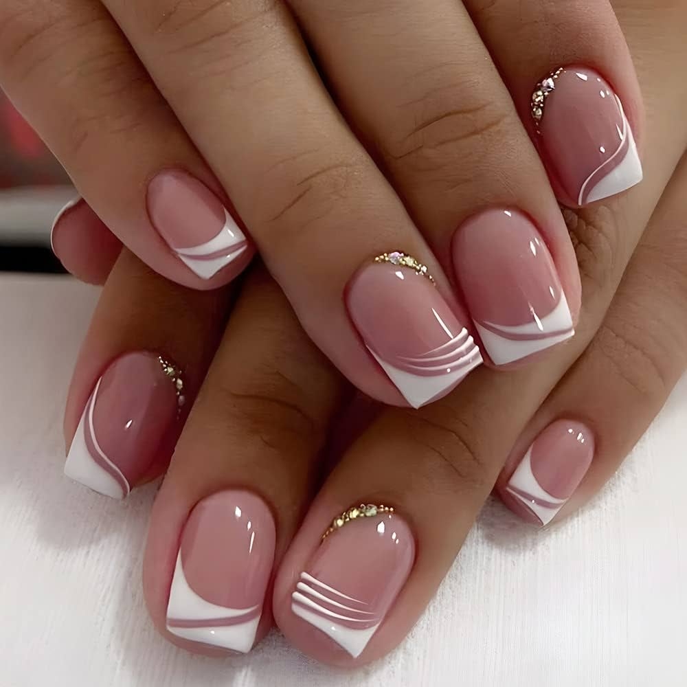 Amazon LPOODDNU French Tip Press On Nails Short Square Fake Nails Pink Acrylic Nails With Rhinestones White Nail Tips Full Cover False Nails With Designs Artificial Cute Glue On Nails For Women
